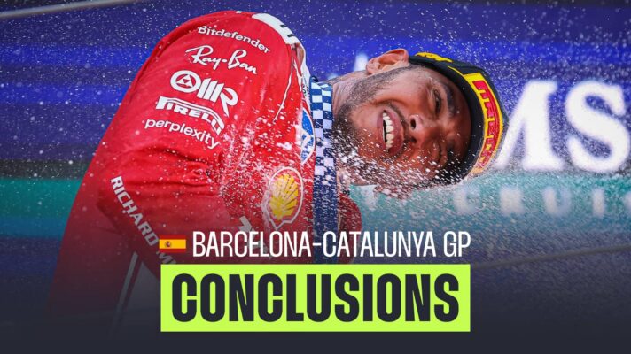 Lewis Hamilton leaned over as he sprays champagne with a PlanetF1.com conclusions banner positioned centre-bottom