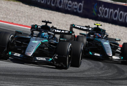 George Russell leads Kimi Antonelli as the Mercedes teammates go through the corner