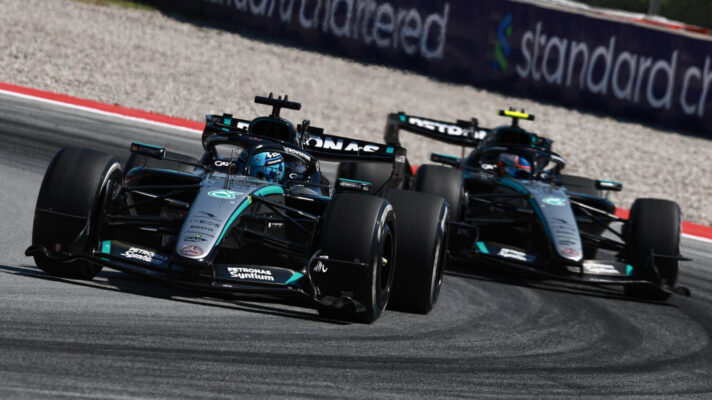 George Russell leads Kimi Antonelli as the Mercedes teammates go through the corner