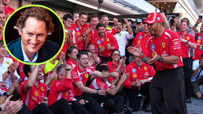 John Elkann circle, Lewis Hamilton claps hands as he approaches Ferrari team after Barcelona win