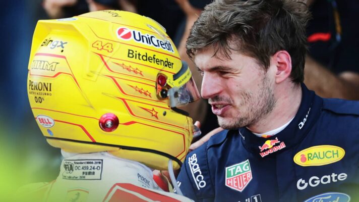 Max Verstappen speaks to Lewis Hamilton, who is wearing a yellow Ferrari helmet, in parc ferme