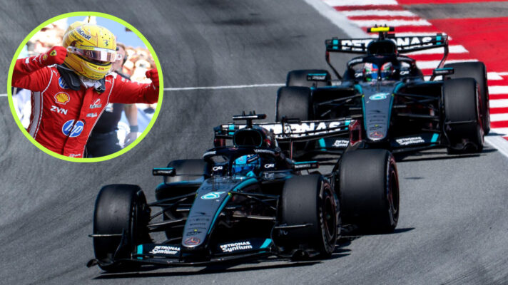 Lewis Hamilton celebrates in the circle, George Russell and Kimi Antonelli racing for position