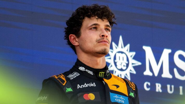 Lando Norris looks on during the podium ceremony in Barcelona