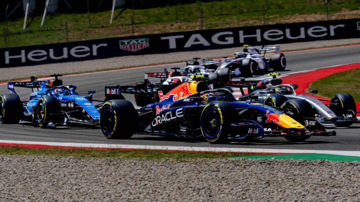 Isack Hadjar, Red Bull, battling at the 2026 Barcelona-Catalunya Grand Prix