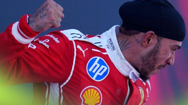 Lewis Hamilton, Ferrari, displays a celebratory fist after winning the 2026 Barcelona-Catalunya Grand Prix