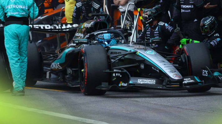 Mercedes driver George Russell leaves the pit box in Monaco.