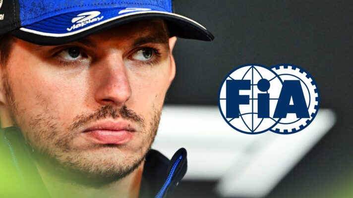 A close-up shot of Max Verstappen in a press conference with a prominent FIA logo alongside him