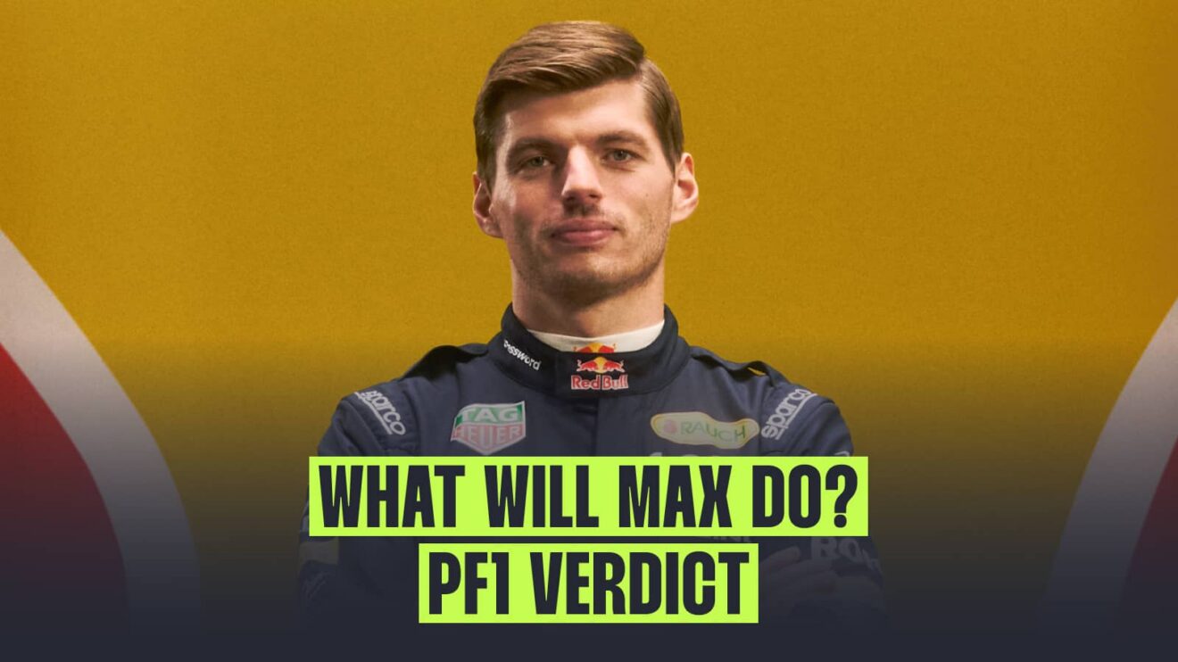 Max Verstappen posing in Red Bull overalls against a yellow background with a banner reading: 'What will Max do? PF1 verdict'