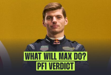 Max Verstappen posing in Red Bull overalls against a yellow background with a banner reading: 'What will Max do? PF1 verdict'