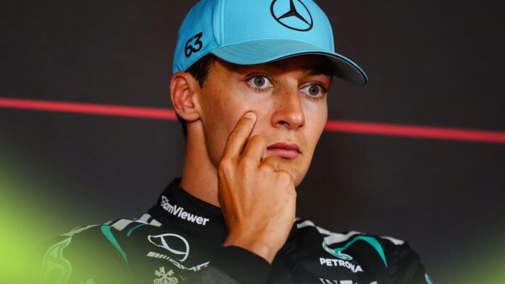 Mercedes driver George Russell speaking in a press conference at the 2026 Barcelona-Catalunya Grand Prix