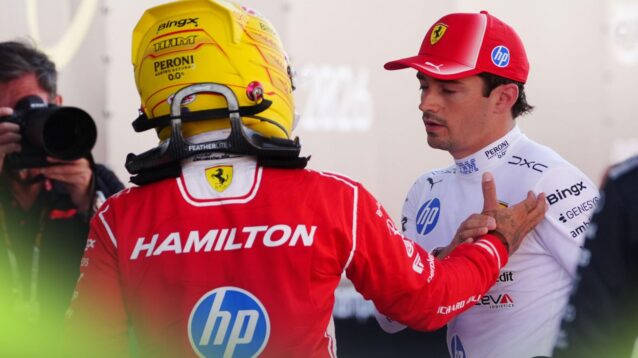 Ferrari teammates Lewis Hamilton and Charles Leclerc pictured at the 2026 Barcelona-Catalunya Grand Prix