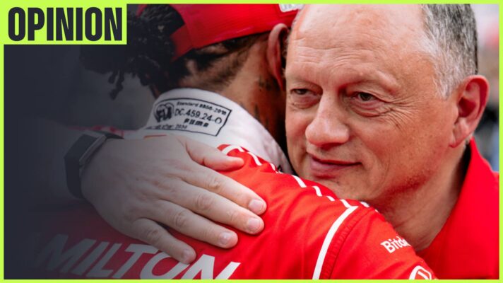 Fred Vasseur embracing Lewis Hamilton with an 'opinion' tab in the top-left corner