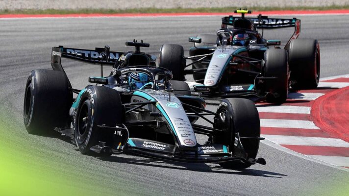 Mercedes' George Russell and Kimi Antonelli at the 2026 Barcelona Grand Prix.