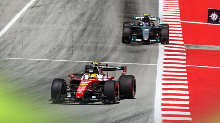 Ferrari's Lewis Hamilton and Mercedes' Kimi Antonelli at the 2026 Barcelona Grand Prix.