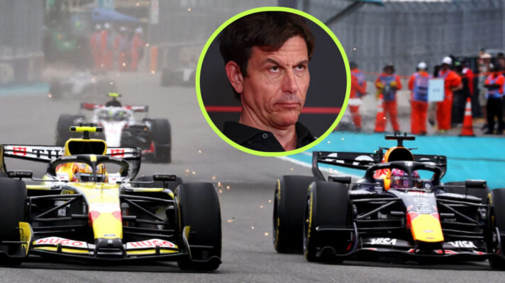 Liam Lawson racing Max Verstappen at the Miami Grand Prix, Toto Wolff in the circle