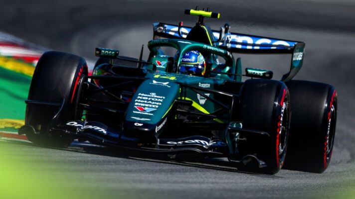 Fernando Alonso on track in the Aston Martin AMR26 at the 2026 Barcelona-Catalunya Grand Prix
