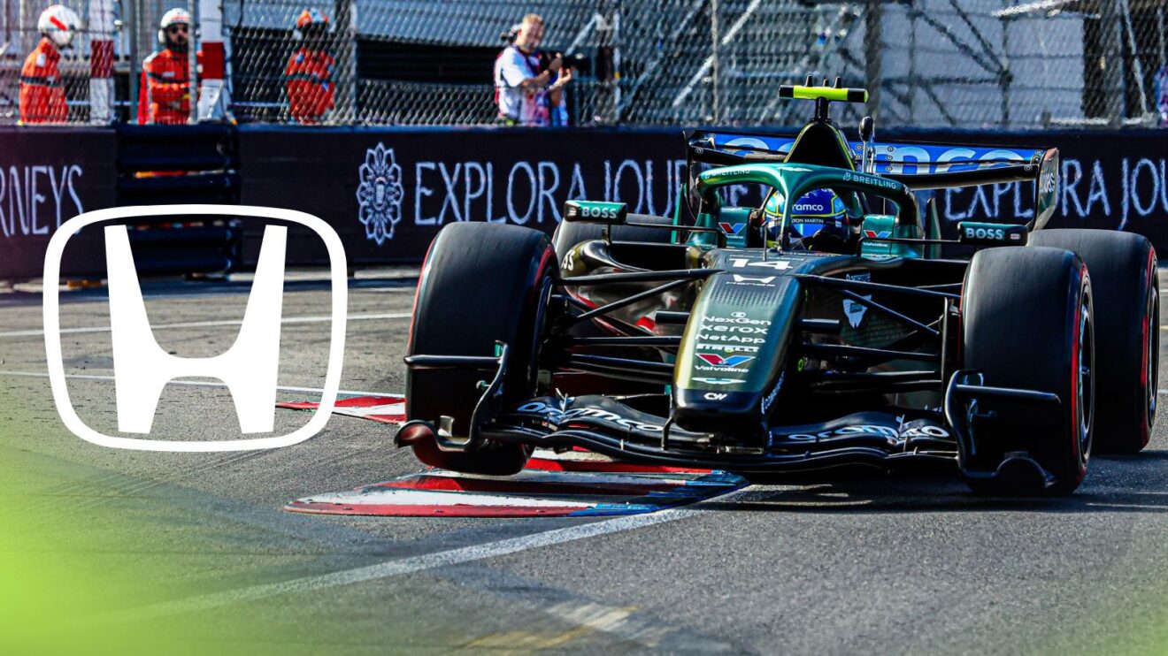 Fernando Alonso driving the Aston Martin AMR26 at the 2026 Monaco Grand Prix, as a Honda logo appears on the left