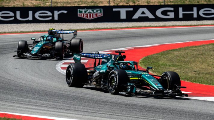 Aston Martin drivers Lance Stroll and Fernando Alonso on track at the 2026 Barcelona-Catalunya Grand Prix