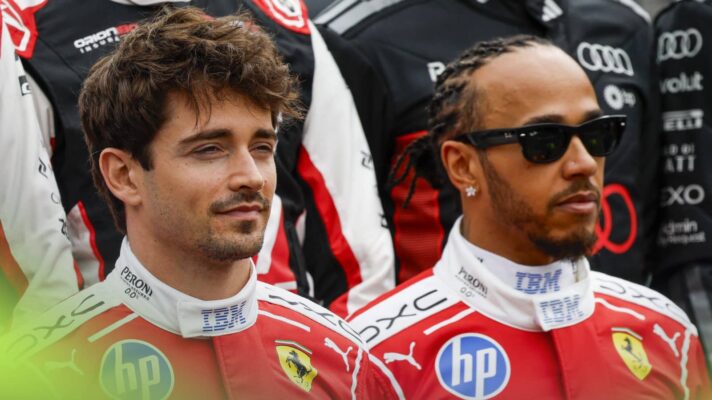 Charles Leclerc and Lewis Hamilton stood shoulder to shoulder in Ferrari race overalls