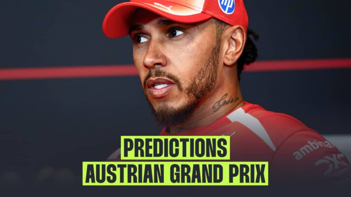 Lewis Hamilton looks to the side in a press conference with a banner reading: 'Predictions: Austrian Grand Prix'