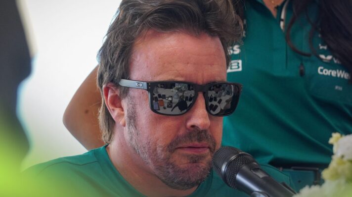 Fernando Alonso, Aston Martin, speaks to the media ahead of the 2026 Austrian Grand Prix