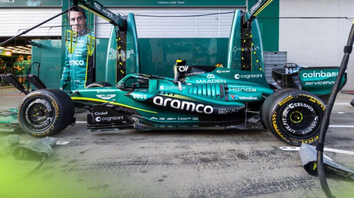 Fernando Alonso's Aston Martin AMR26 parked in its pit box at the 2026 Austrian Grand Prix