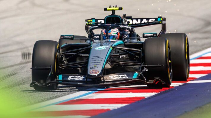 Kimi Antonelli on the pit straight as he goes fastest in FP2 for the Austrian Grand Prix.
