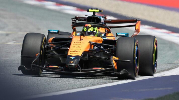 McLaren driver Lando Norris with his active aero activated in Austria.