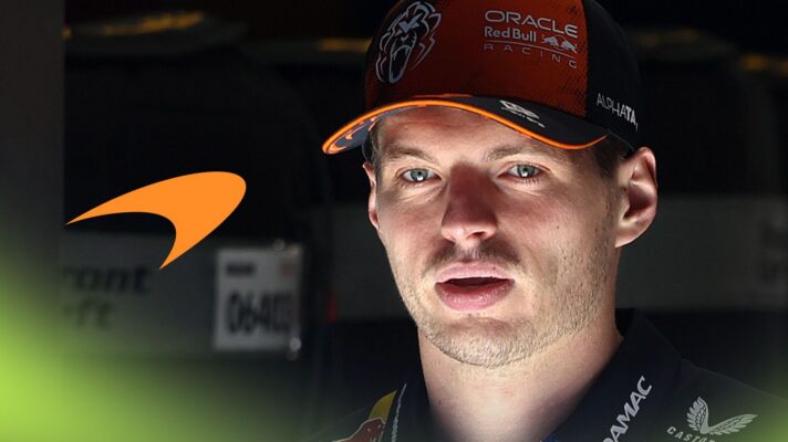 Max Verstappen, Red Bull, pictured at the 2026 Austrian Grand Prix as a McLaren logo appears on the left