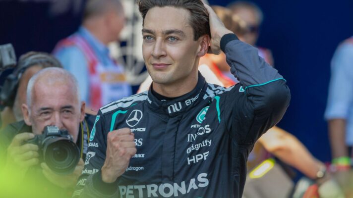 Mercedes driver George Russell celebrates pole position at the 2026 Austrian Grand Prix