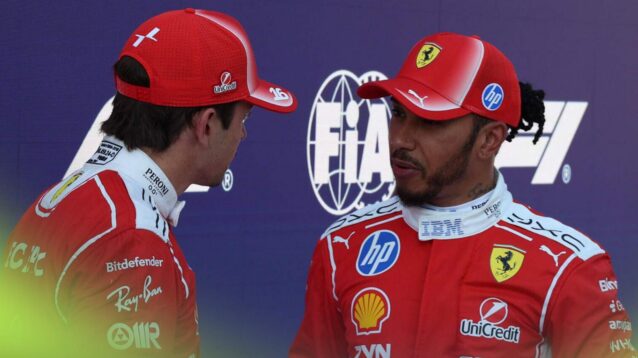 Ferrari drivers Charles Leclerc and Lewis Hamilton speak in parc ferme at the Austrian Grand Prix.