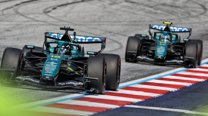 Lance Stroll followed by Aston Martin teammate Fernando Alonso at the 2026 Austrian Grand Prix
