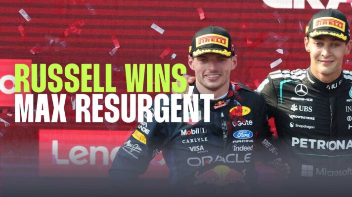 Max Verstappen and George Russell on the podium of the Austrian Grand Prix.