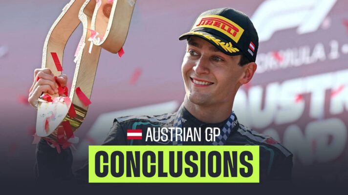 George Russell smiling while holding a trophy on the podium with a PlanetF1.com conclusions banner positioned centre-bottom