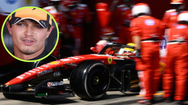 Lando Norris in the circle, Lewis Hamilton leaving the pits after a tyre change by Ferrari mechanics