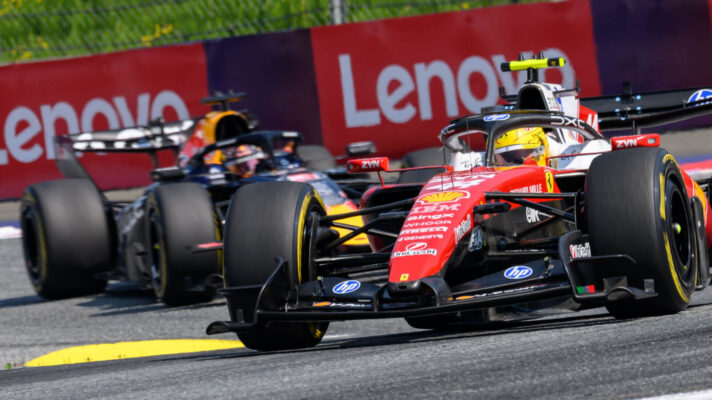Lewis Hamilton leads Max Verstappen through the corner