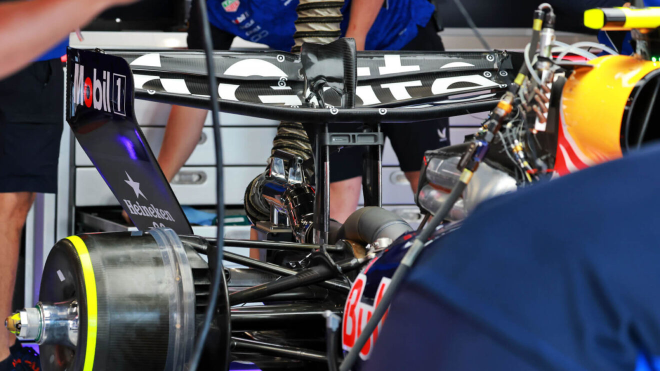 The rear and rear wing of the Red Bull RB22 in the team's garage at Silverstone