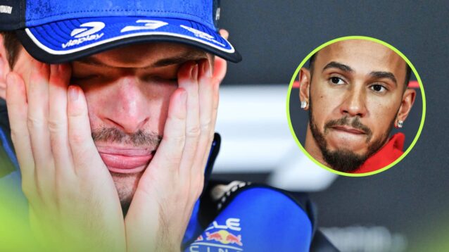 Max Verstappen holds both hands to his face in a press conference with an inset of Lewis Hamilton