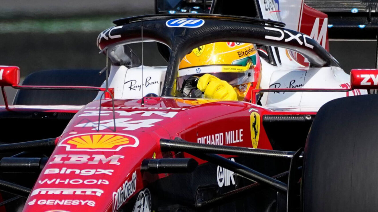 Lewis Hamilton up close at Silverstone in the Ferrari SF26