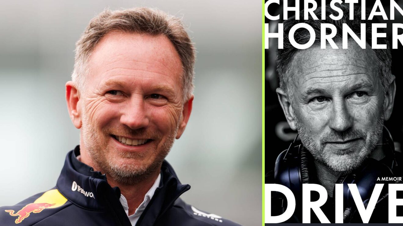 Christian Horner pictured in Red Bull team gear, alongside the cover of his book, DRIVE.