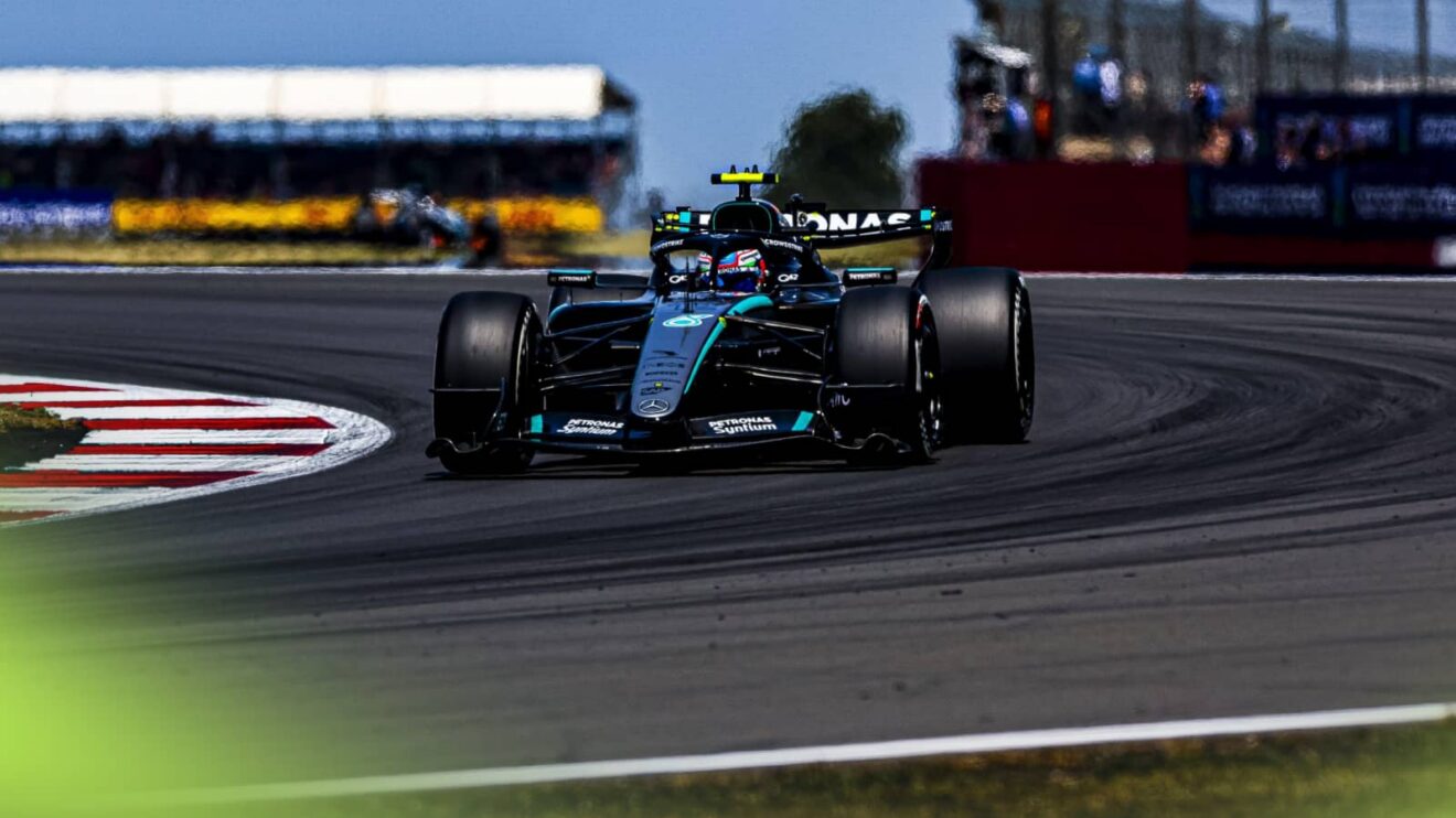 An action shot of Kimi Antonelli's Mercedes on track at Silverstone