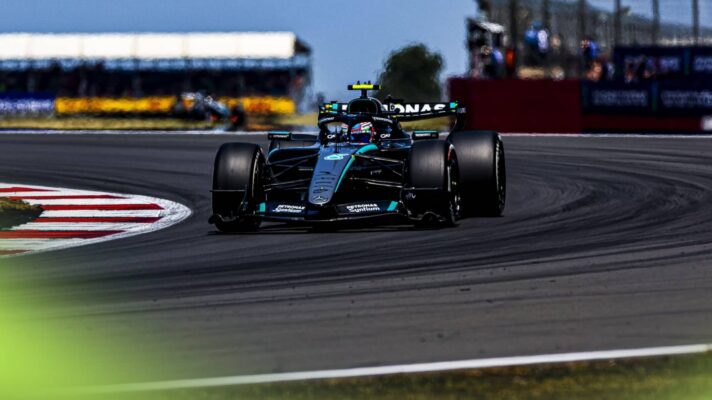 An action shot of Kimi Antonelli's Mercedes on track at Silverstone