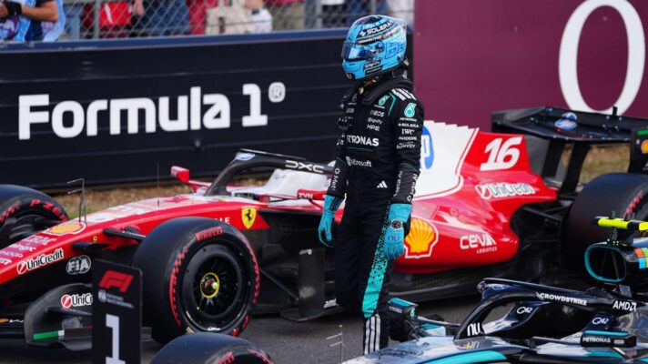 Mercedes driver George Russell walks through parc ferme after British Grand Prix qualifying.