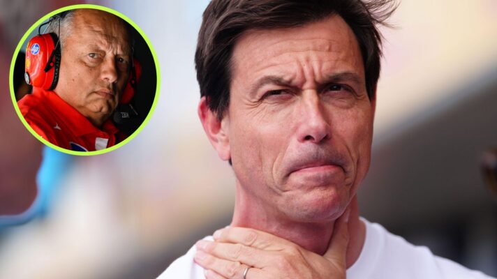 Mercedes team principal Toto Wolff pictured at the 2026 British Grand Prix, as Fred Vasseur appears in a top left circle