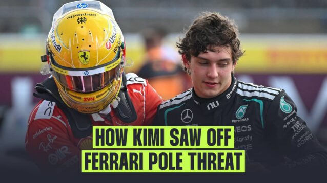 Lewis Hamilton and Kimi Antonelli stood together in parc ferme with a banner reading: 'How Kimi saw off Ferrari pole threat'