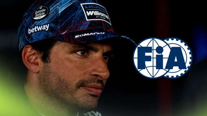 Carlos Sainz, Williams, pictured at the 2026 British Grand Prix, as an FIA logo appears on the right