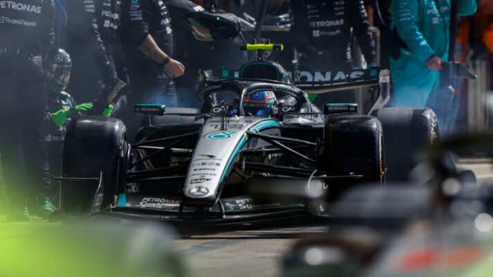 Kimi Antonelli in the Mercedes pit box at the 2026 British Grand Prix