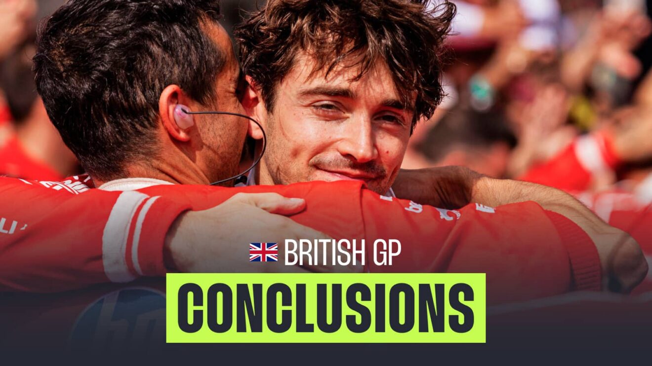 Charles Leclerc embraces a Ferrari mechanic with a PlanetF1.com conclusions banner positioned centre-bottom