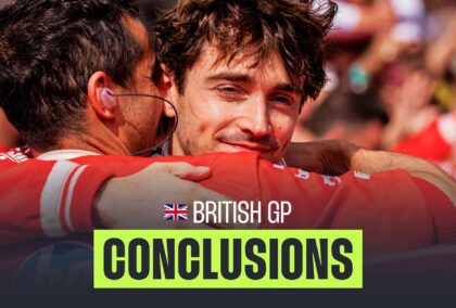 Charles Leclerc embraces a Ferrari mechanic with a PlanetF1.com conclusions banner positioned centre-bottom