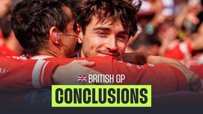 Charles Leclerc embraces a Ferrari mechanic with a PlanetF1.com conclusions banner positioned centre-bottom
